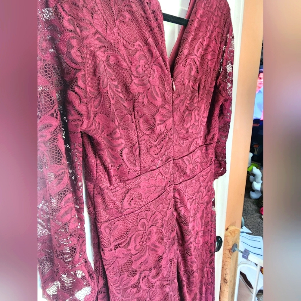 Bridesmaid, Cocktail, L, Large, Mid sleeve, hi-low bottom, Lace, Dress, Burgundy
